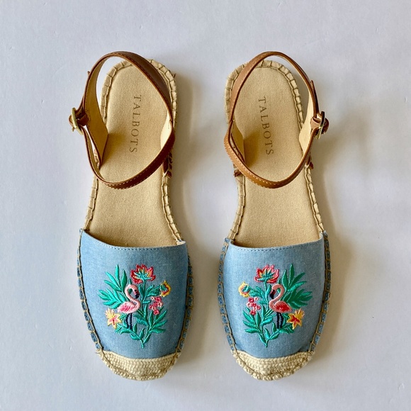 NIB Talbots Denim Espadrilles 7M Embroidered Flamingo Chambray Izzy d'Orsay - Picture 8 of 11